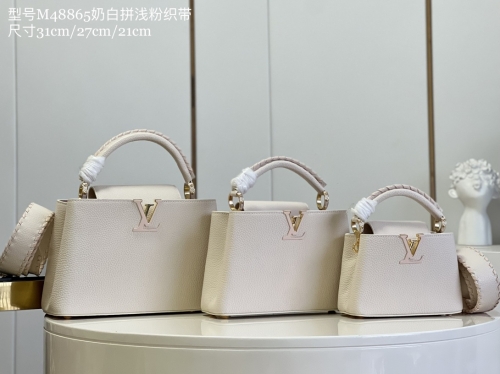 No.54455   M48865 21*14*8cm 27*18*9cm 31.5*20*11cm Capucines handbag, calfskin imported from France, milk white mixed with light powder ribbon