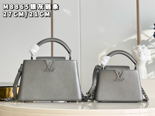 No.54441   M48865   21*14*8cm     27*18*9cm  Capucines handbag, calfskin imported from France, silver grey chain