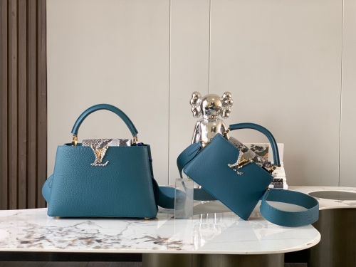 No.54474  N80931 21*14*8cm    N80741  27*18*9cm  calfskin imported from France, blue green with python gold clasp