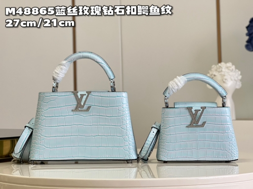 No.54630  M48865   21*14*8cm    27*18*9cm  Capucines handbag, blue silk rose diamond buckle crocodile pattern