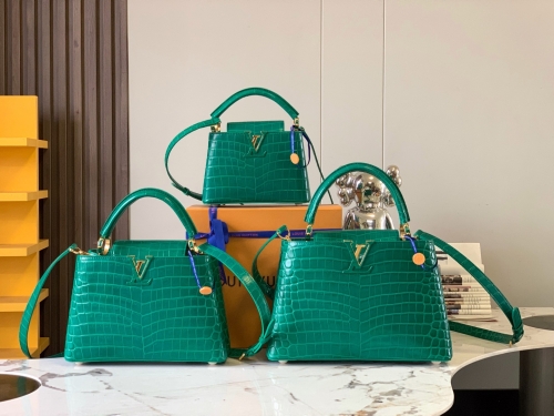 No.54648   N93429  21*14*8cm   N92173  27*18*9cm   N92967  31.5*20*11cm  Capucines handbag, emerald bright crocodile pattern gold clasp