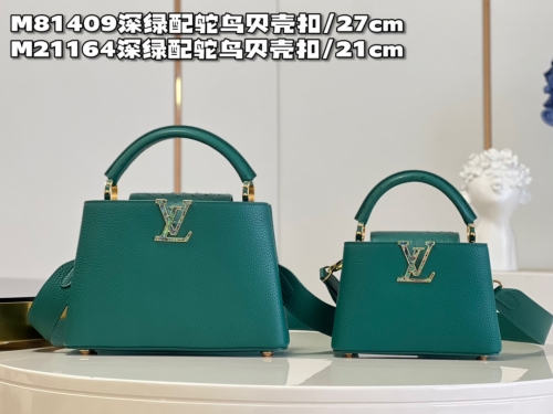 No.54627   M21164   21*14*8cm   M81409   27*18*9cm  Capucines handbag, Calf leather imported from France，dark green with ostrich shell button