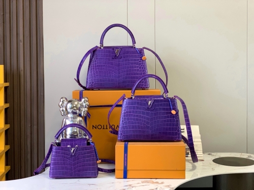 No.54681  N93429 21*14*8cm N92173 27*18*9cm N92967 31.5*20*11cm Capucines handbag, amethyst shiny alligator silver clasp