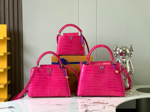 No.54679   N93429 21*14*8cm N92173 27*18*9cm N92967 31.5*20*11cm Capucines handbag, rose pink shiny crocodile grain silver clasp