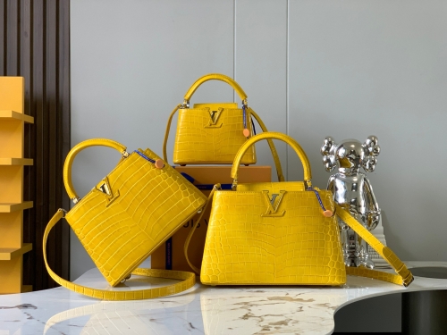 No.54676   N93429 21*14*8cm N92173 27*18*9cm N92967 31.5*20*11cm Capucines handbag, golden yellow shiny crocodile grain silver clasp