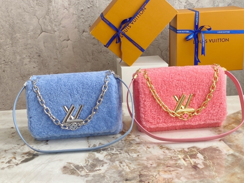 No.54757   M21040  M21320   23*17*9.5cm  TWIST medium handbag, bright color wool leather, enamel Monogram flower double chain