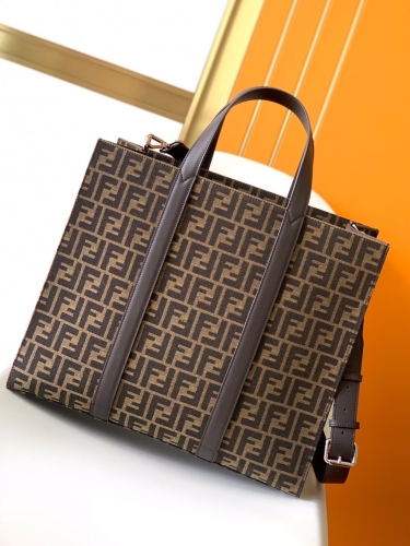 No.54818  390   35*19*41cm  Men's large capacity fabric handbag decorated with brown FF pattern, two leather handles+adjustable detachable leather sho