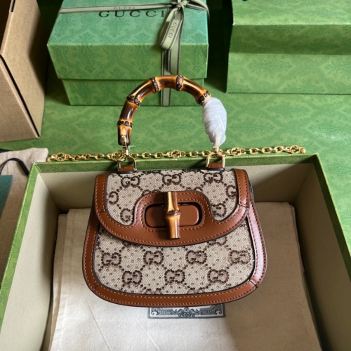 No.54994   735116    17*12.5*8cm  Gucci Bamboo1947 series bamboo mini handbag, brown leather/canvas diamond