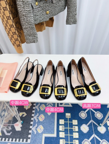 No.63208  size 35-39  2023 Miumiu early spring single shoes, square toe thick heel square buckle, thick heel back empty single shoes