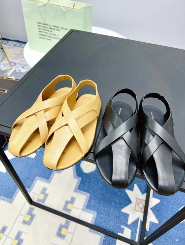 No.63214   size 35-40   THE ROW Therow Retro Cross Strap Leather Roman Shoes Casual Flat Bottom Cutout Fashion Wrap Sandals