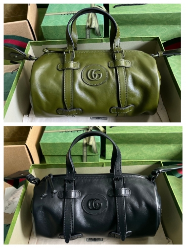 No.55128    725701  28.5*16*16cm  Same color double G hand twisted small luggage bag, G original factory leather