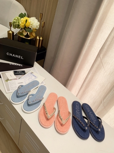 No.63430   size 35-41  Chanel spring new denim chain, herringbone slippers