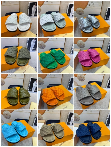 No.63426   size 35-45  LV counter new embossed logo couple slippers candy color series, imported calf leather