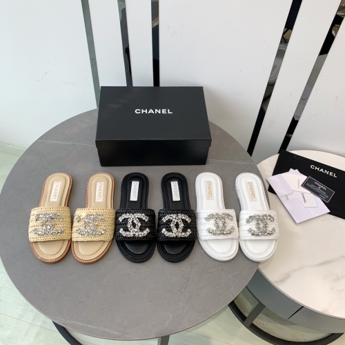 No.63512   size 35-41  Chanel23S Spring/Summer New Water Diamond Double C Artificially Woven Slippers,Artificial rattan grass upper