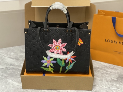 No.55357  M46416   35*27*14cm Black flower, full leather square bag mommy bag series On the go MM handbag