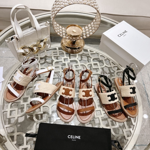 No.63737  Celine 2023 new beach sandals, original high set leather fur with three-dimensional embroidered logo, sizes 35-41