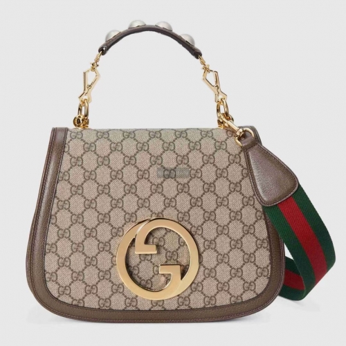 No.55543   721172     29*22*7cm  Gucci Blondie series medium size handbag, beige and ebony GG Supreme canvas, brown leather piping