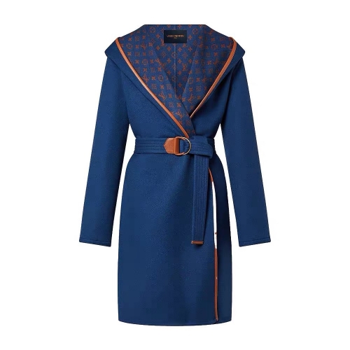 No.90919  LV Blue Brown Small Flower Long Coat,  Fabric: 99% wool, 1% mulberry silk  Dimensions: 36, 38, 40