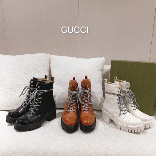 No.63918  Gucci 2023 Autumn/Winter New Double G "logo" Thick Bottom Lace up Martin Boots, Customized Imported Grain Sheepskin/Open Beaded Fabric, Size