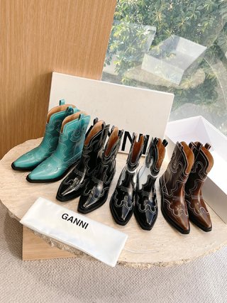 No.63955  GANNI Vintage Leather Embroidered Pointed Middle Sleeve Western Boots Cowboy Boots Knight Boots,Size: 35-40