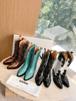 No.63954   GANNI Vintage Leather Embroidered Pointed Middle Sleeve Western Boots Cowboy Boots Knight Boots,  Size: 35-40