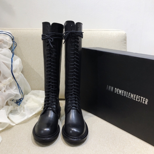 No.63967  Ann Demeulemeester Strap High Barrel Motorcycle Boot, Original Super Delicate Dark Matte Black Exclusive Customized Calf Leather, Size: 35-4