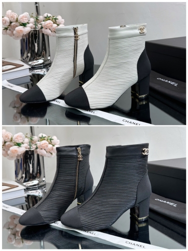No.64051  Chanel  Stitching pleated thick heeled short boots, imported lambskin, sizes 35-41