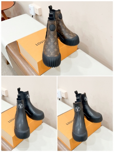 No.64074   LV Latest Autumn/Winter Ruby Big Head Flat Bottom Short Boots, Classic Floral Cloth+Cowhide Face, Sizes: 35-40