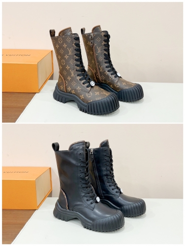 No.64076  LV Latest Autumn/Winter Ruby Big Head Flat Bottom Short Boots, Classic Floral Cloth+Cowhide Face, Sizes: 35-40
