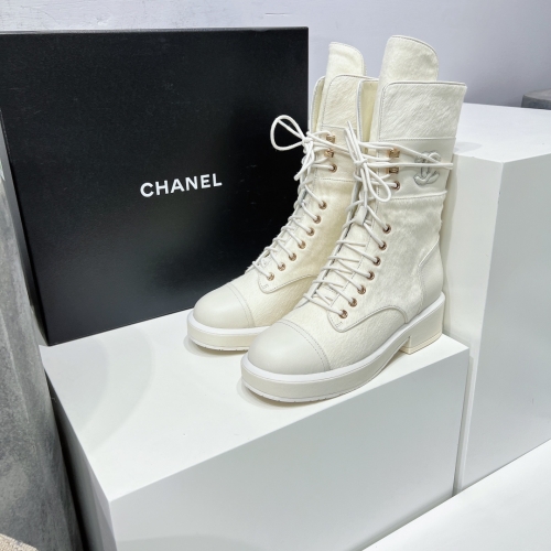 No.64083   Chanel 2023SS New Thick Bottom Lace up Horse Hair Mid Cap Martin Boot. Original imported horse hair/calf leather. Size 35-40