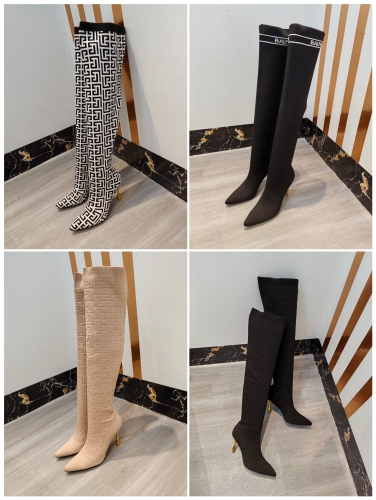 No.64121  Balmain 2023fw Autumn/Winter New Knitted Over Knee Elastic Boot. Original custom fly woven upper. Shoe size: 35-42