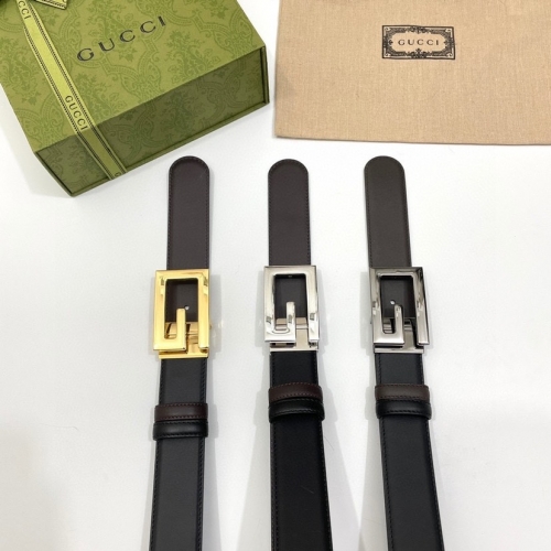 No.90985  Gucci simple double-sided calf leather, black and brown dual color fine leather grain width 3.5cm, rotating square G-shaped buckle available