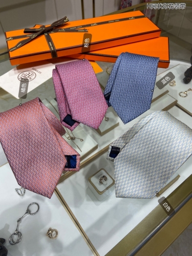 No.91044   HERMES  H mesh printed tie. 95% top-notch twill silk handmade customization