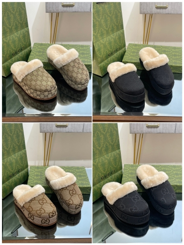 No.64266  Gucci 2023 Autumn/Winter Super Double GG Series, thick sole leather fur integrated Lefu slippers. Sizes 35-43