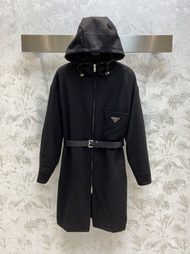 No.91067   PRADA autumn and winter wool hooded belt trench coat, made of wool fabric. 90% white goose down. Size S-M-L