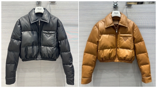 No.91079   Prada.2023 Autumn and Winter New Lamb Skin Quilted Genuine Leather Down Coat. 100% imported lambskin. Sizes S-M-L-XL