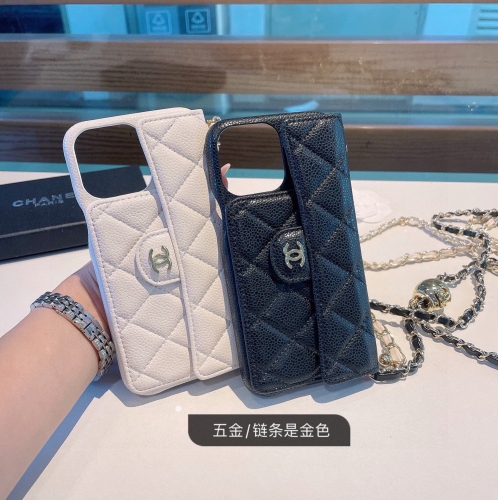 No.91169  Chanel Same phone case for the counter Chain Double C Small Gold Ball Adjustable Chain Length Caviar skin diamond grid car line flip card