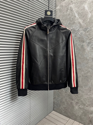 No.91176  Gucci  Imported Sheepskin Hoodie with Red and White Interlaced Fashion Jacket Trendy Coat Leather Coat