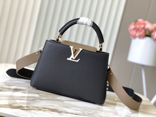 No.56337   M22677   27*18*9cm  Capsines Medium Handbag Taurillon leather Black Elephant Grey Nail Hole Style