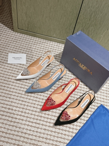 No.64566    AQUAZZURA New products from the counter, fairy fashion shoes series Yangjing, denim fabric, patent leather+diamond buckle Size: 34-42