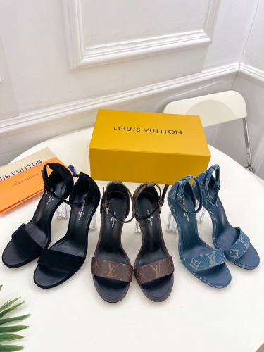 No.64692   LV Plum blossom crystal heel sandals High custom denim fabric/distressed leather/sheepskin Size: 35-41 Heel height: 10cm