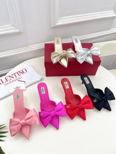 No.64739   Valentino  Pointed Bow Muller Shoes High custom silk surface/metal leather+imported goat leather lining 6cm Size: 35-42