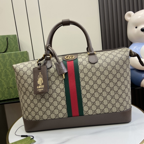 No.56770      763295    42*31.5*21cm   Gucci Savoy series travel bag Beige and ebony GG Supreme canvas Brown leather piping