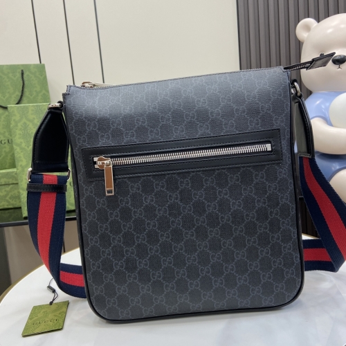 No.56777   792081    27*28.5*5cm    Crossbody bag Black GG Supreme canvas+black leather piping+red blue ribbon+cotton linen blend lining