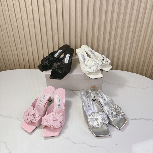 No.64898     Jimmy Choo Flower high-heeled slippers series Imported lambskin 6.5cm Size  :  34-41