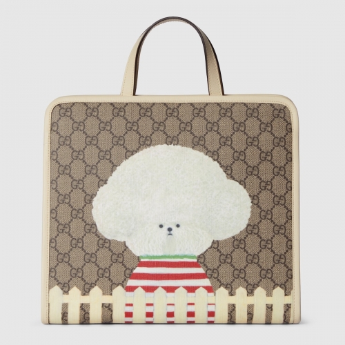 No.56985    605614    25*28.5*11cm   Children's animal printed tote bag White and beige Supreme canvas