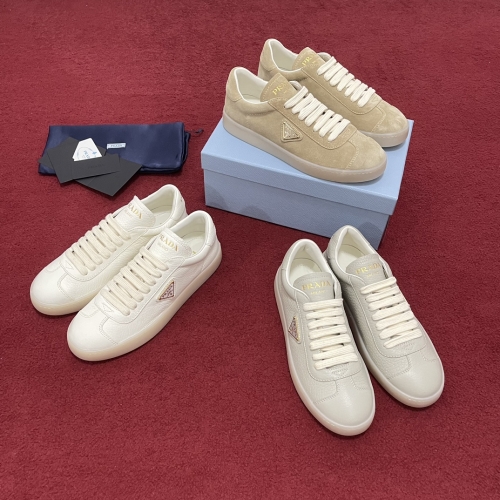 No.64929     Prada Triangle logo sports casual white shoes Original lychee patterned calf leather/sheepskin suede Size: 35-40