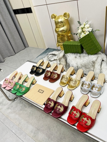 No.63809  GUCCI  Size:35-42 Mid heeled slippers, 5D three-dimensional forming process, stamping interlocking double G