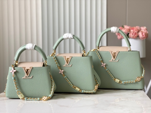 No.57083    M24471/M48865     21*14*8cm    27*18*9cm    31.5*20*11cm   Avocado green Flower padlock style Capucines handbag