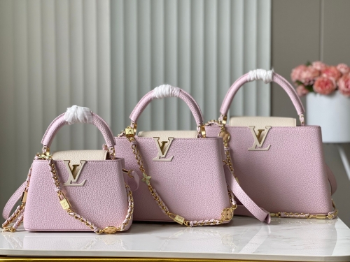 No.57084      M23951/M48865    21*14*8cm    27*18*9cm    31.5*20*11cm Ballet Pink  Flower padlock style  Capucines handbag